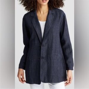 Eileen Fisher Navy Linen Notch Lapel Blazer